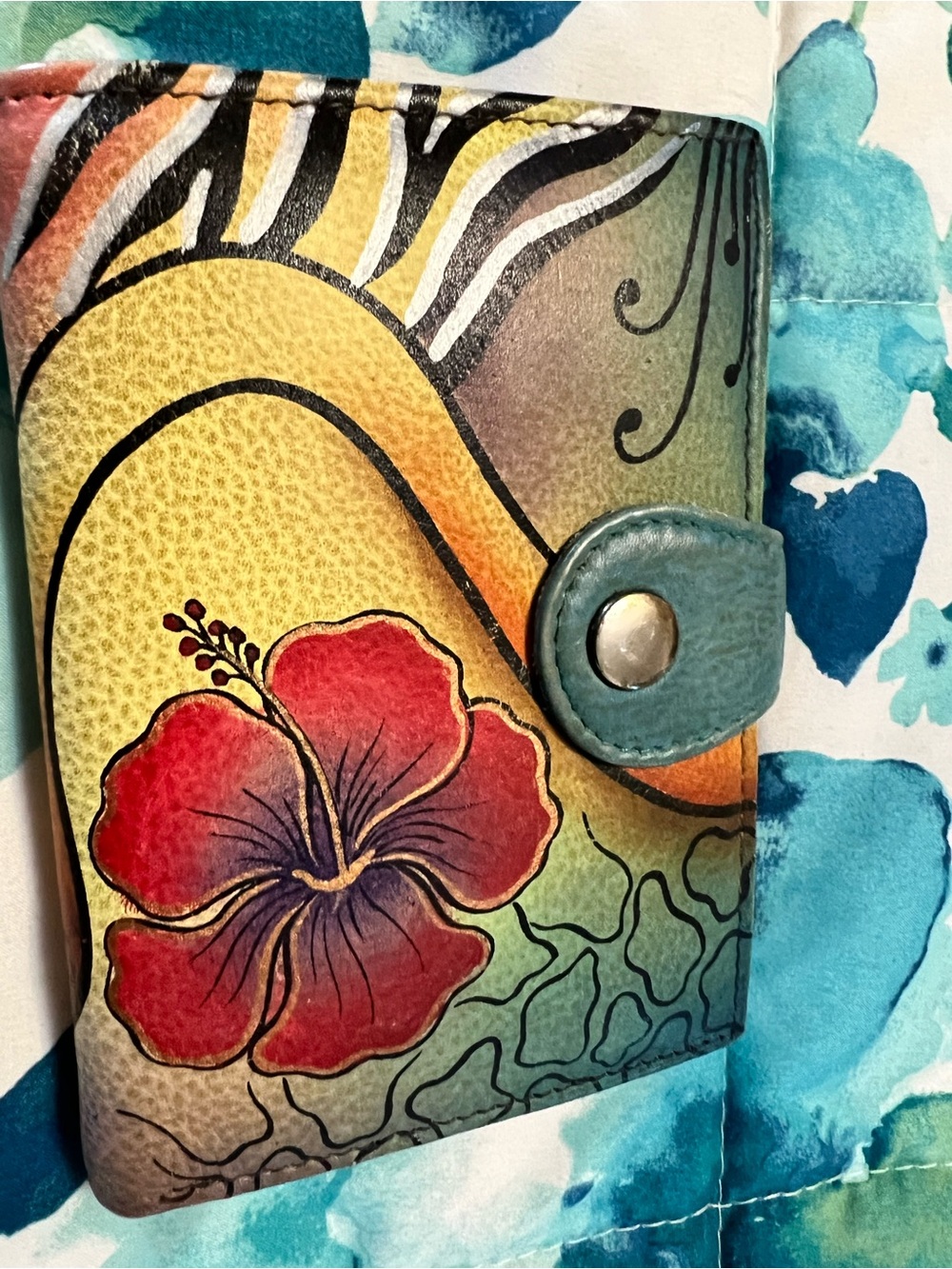 Anuschka bi fold leather wallet hand painted hibiscus leaves